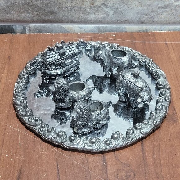 Vintage Ganz Miniature Pewter Noahs Ark Bear Lion Elephant Figures on Mirror Bas - Picture 2 of 13